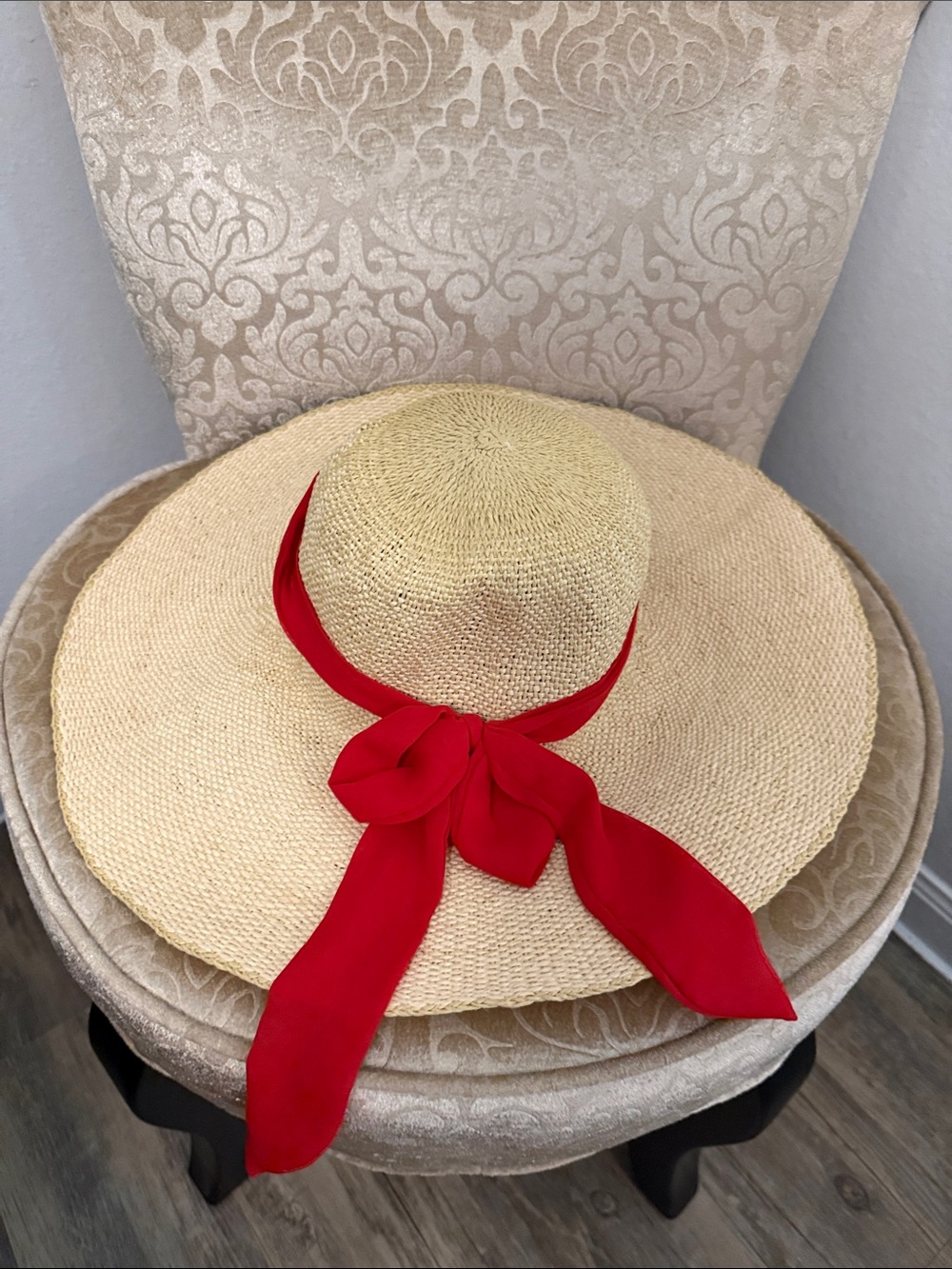 Wide-Brim Straw Sun Hat with Red Ribbon